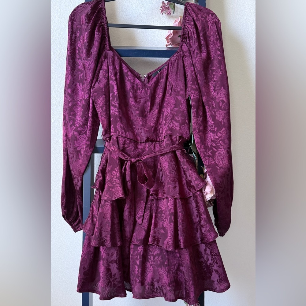 Trixxi Floral Jacquard Ruffle Mini Dress Long Sleeve Wine Color